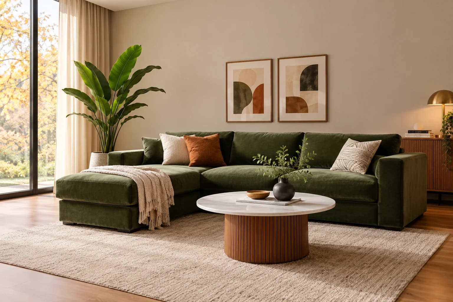 Luxurious living room with velvet sofas